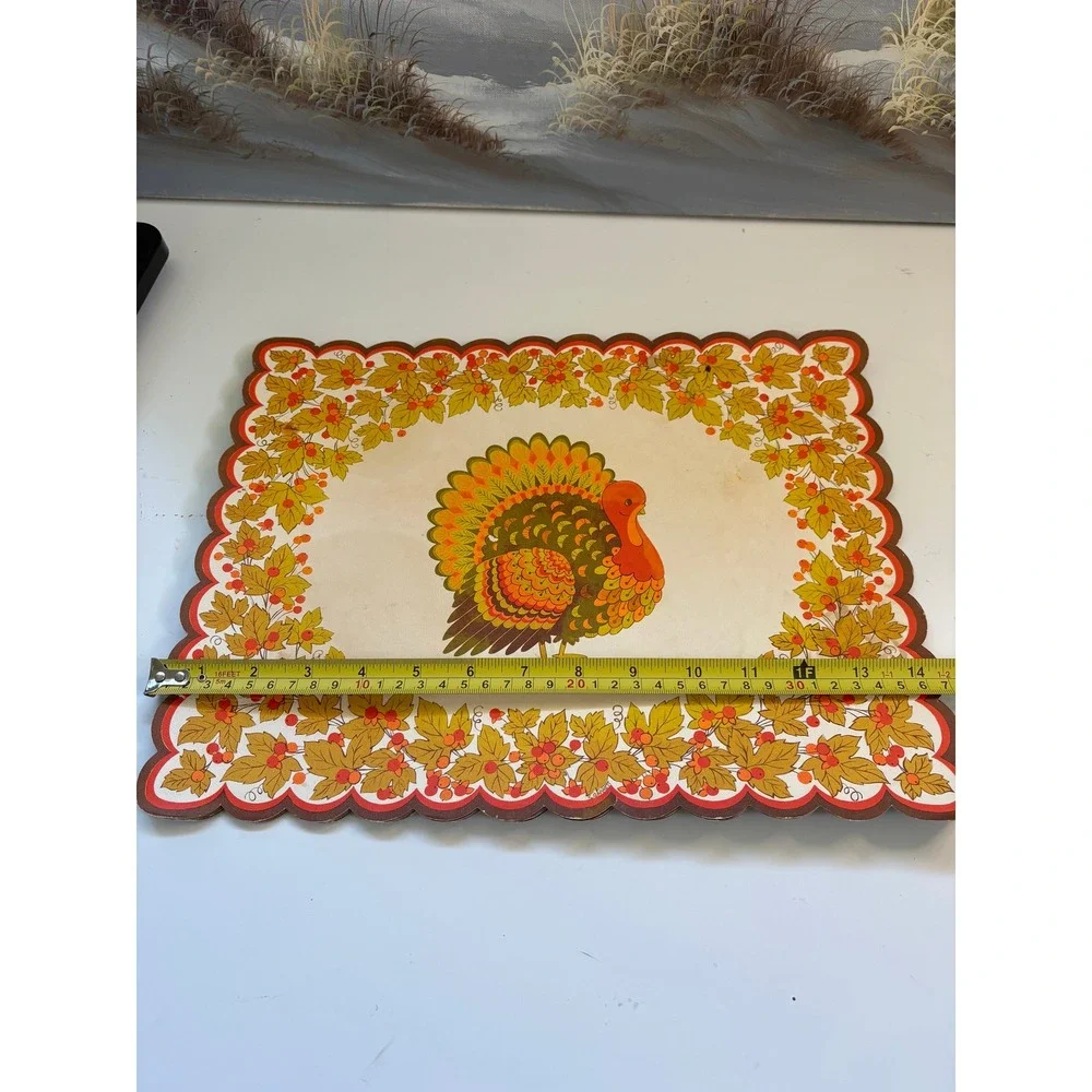 Vintage Thanksgiving Turkey Paper Placemats Set of 7 Scalloped Edge Harvest